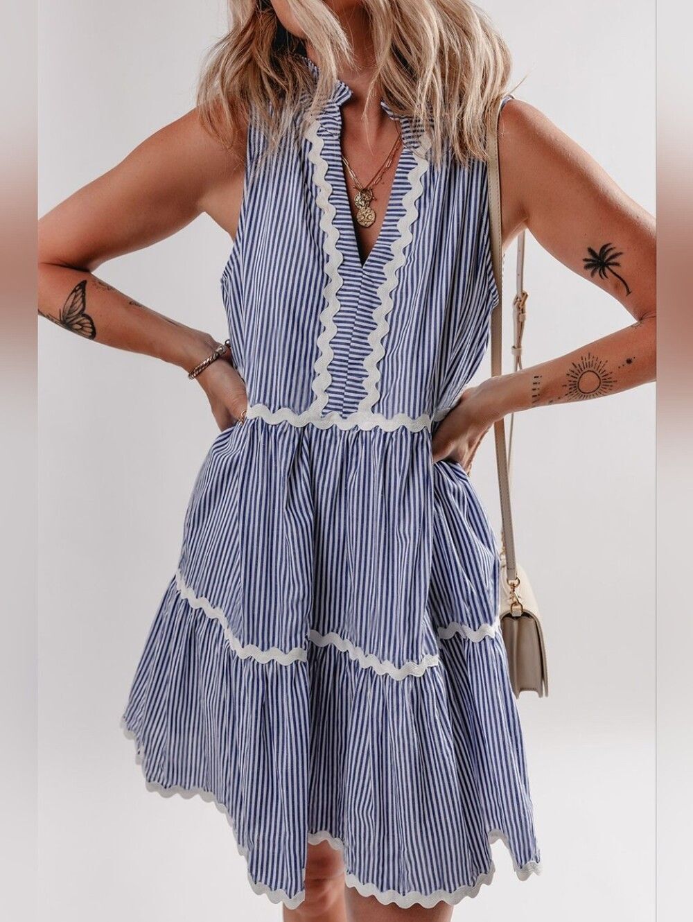 Fun Casual Summer Blue and White Stripe Sleeveless Tiered Country Dress - Picture 6 of 15